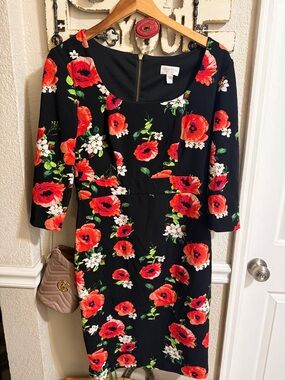 Bisou Bisou Black Dress with Red Floral Print